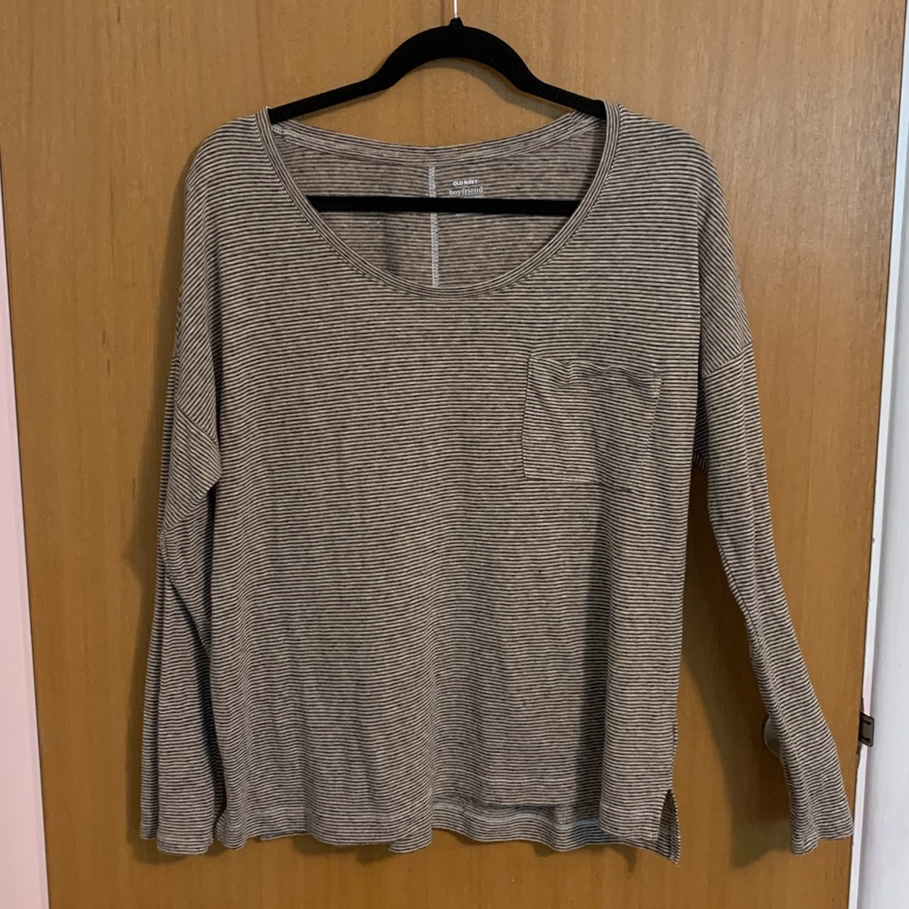 Old Navy Striped Long Sleeve Shirt Pocket Brown Black White Boyfriend Fit